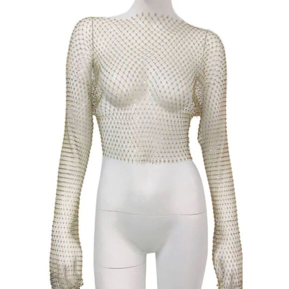 Rhinestone Flared Long Sleeve Sparkle Crop Top Glitter See Through Fishnet Cover - Picture 1 of 11